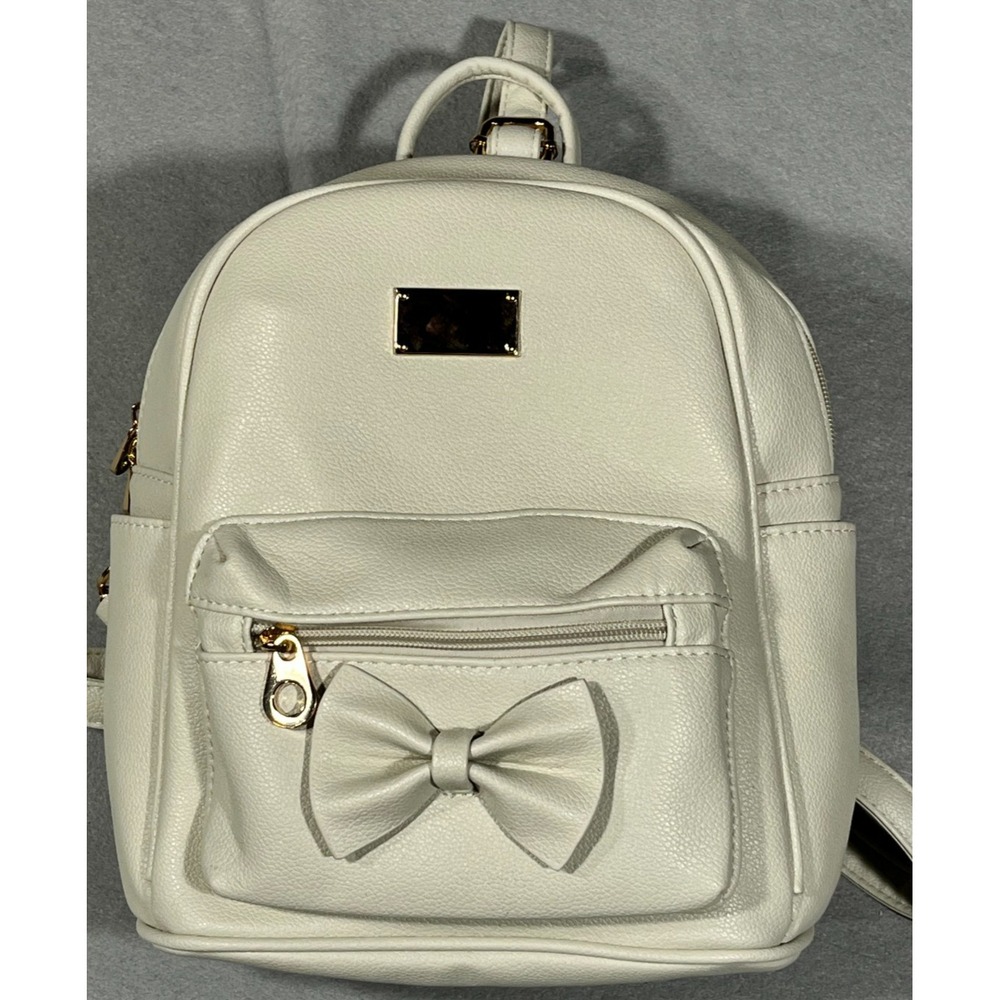 Cream Faux Leather Mini Backpack Purse Gold Hardware Bow Accent Fashion Bag